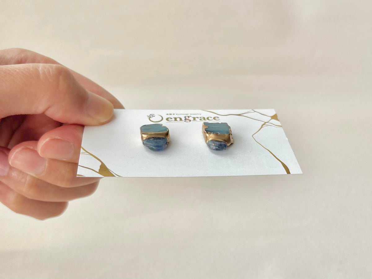 【金具が選べる】萩焼　金継ぎ　ピアス　イヤリング　藍色　カイヤナイト　天然石　伝統工芸　＃706