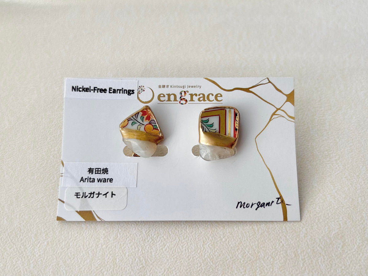 有田焼 　金継ぎ　ネジバネ式イヤリング　リーフ柄　花柄　モルガナイト　天然石　伝統工芸　＃712