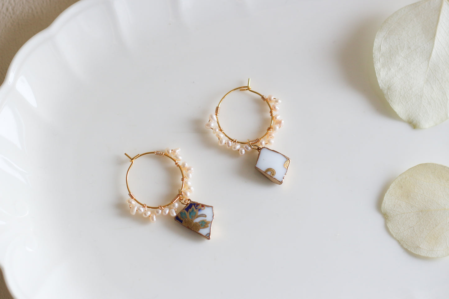 Arita Ware Kintsugi Earrings, Floral & Leaf Pattern, Surgical Stainless Steel, Traditional Craft, #433