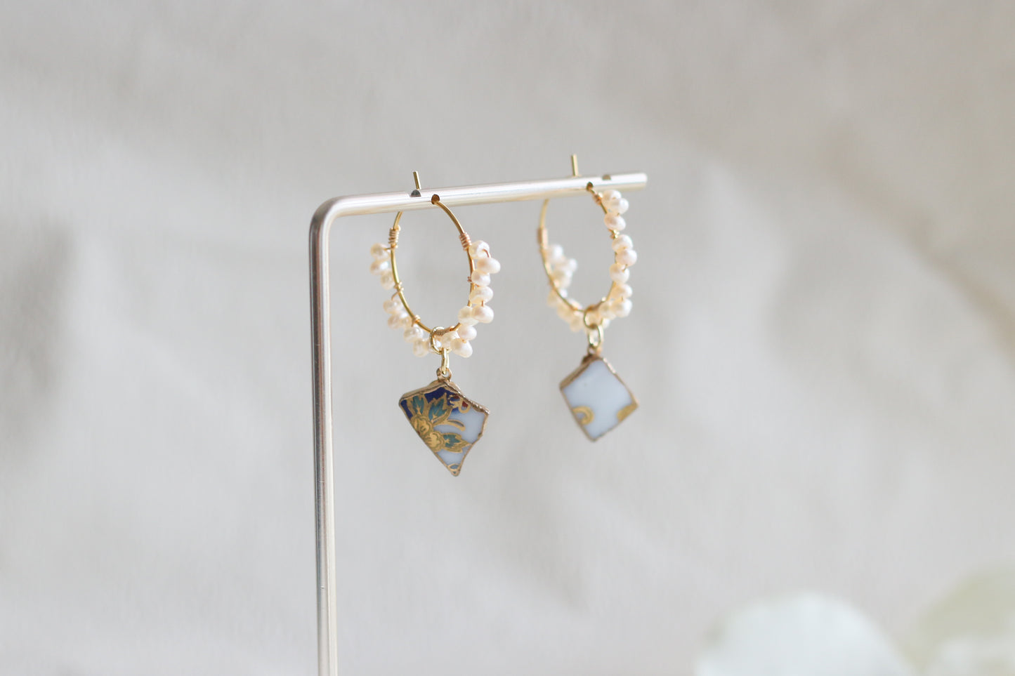 Arita Ware Kintsugi Earrings, Floral & Leaf Pattern, Surgical Stainless Steel, Traditional Craft, #433