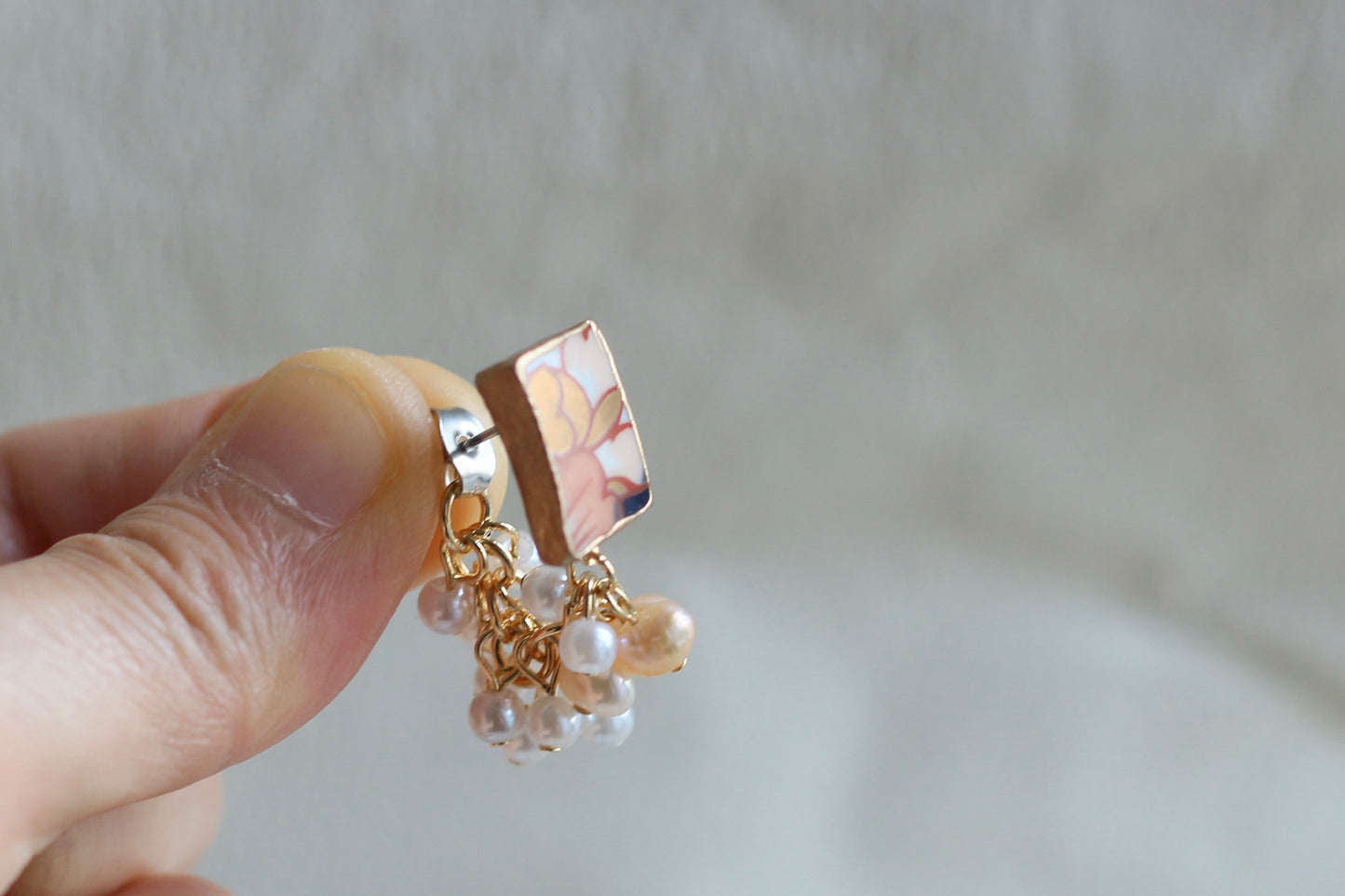 有田焼 花柄 金継ぎ サージカルステンレス ピアス 淡水パール 樹脂パール  伝統工芸 ＃a51
