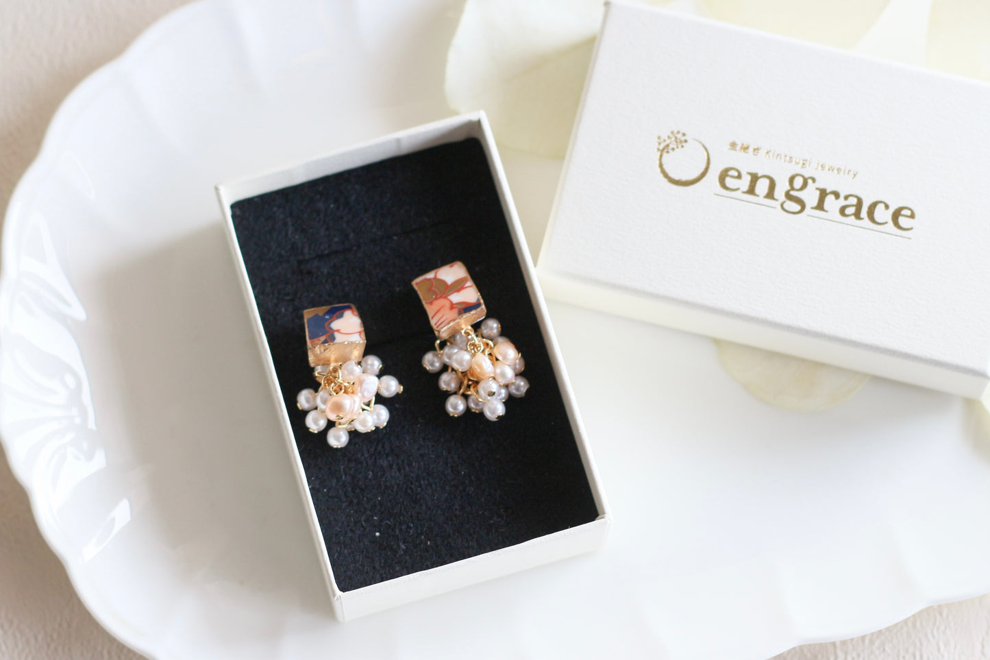 有田焼 花柄 金継ぎ サージカルステンレス ピアス 淡水パール 樹脂パール  伝統工芸 ＃a51