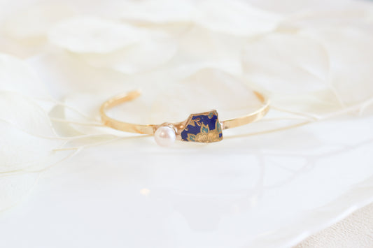 有田焼　金継ぎ　サージカルステンレス ブレスレット　バングル　ブルー 淡水パール　伝統工芸　＃a28