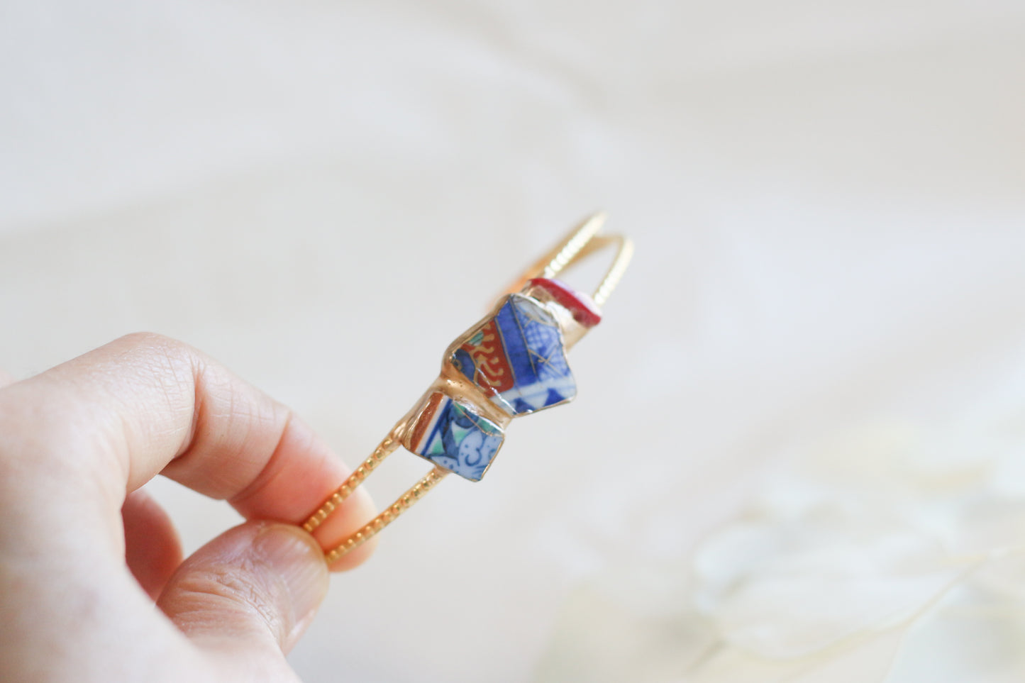 有田焼　金継ぎ　サージカルステンレス ブレスレット　バングル　ブルー　レッド　珊瑚　伝統工芸　＃a31