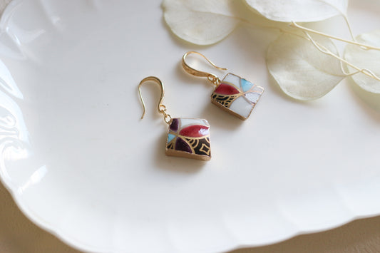 Arita Ware Kintsugi Earrings, Floral & Leaf Pattern, Surgical Stainless Steel, Traditional Craft, #433