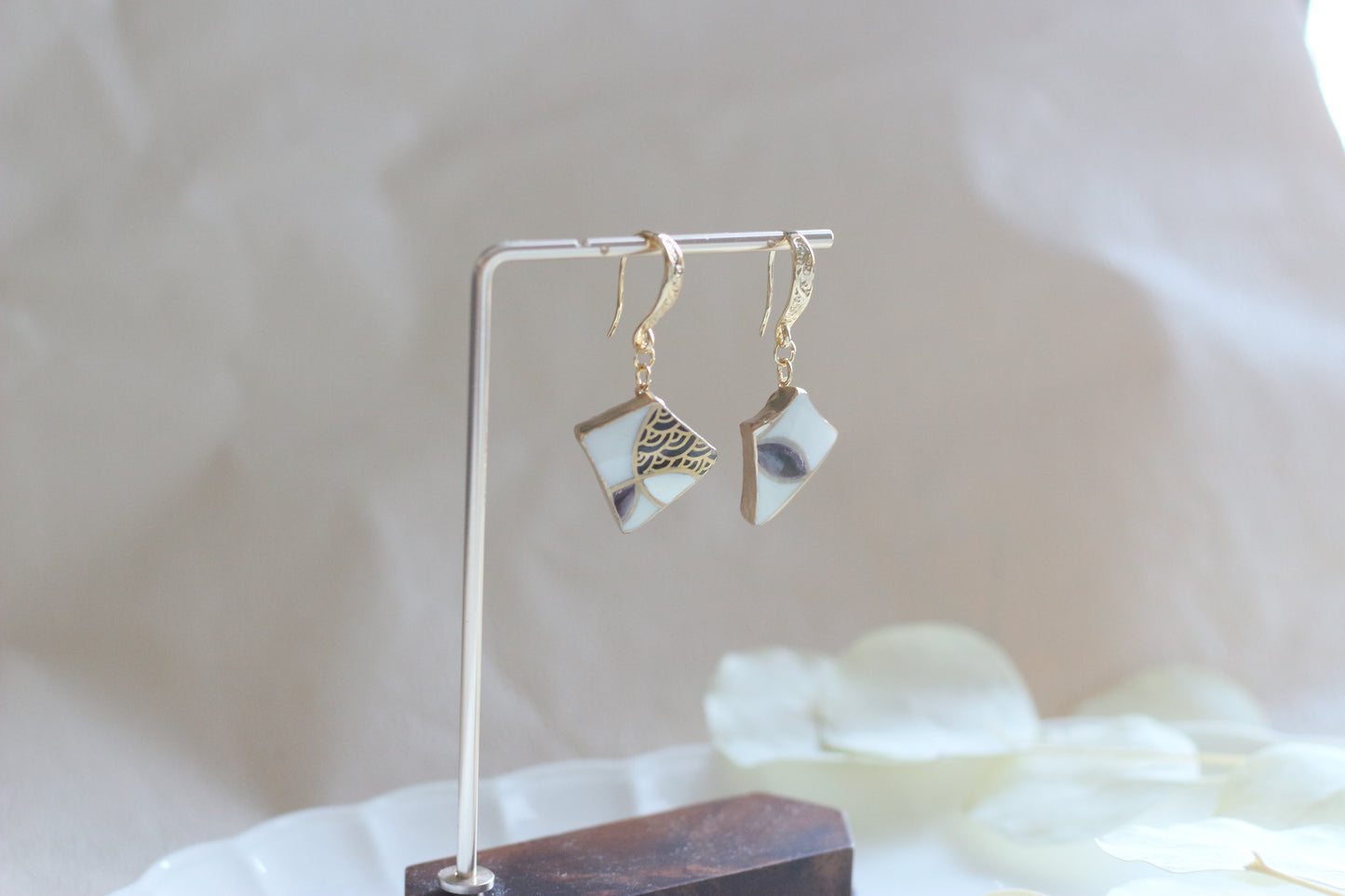 Arita Ware Kintsugi Earrings, Floral & Leaf Pattern, Surgical Stainless Steel, Traditional Craft, #433