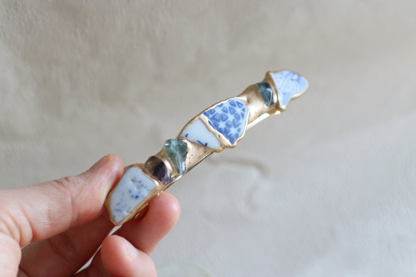 Arita ware / Karatsu ware - Kintsugi Barrette - Pink - Morganite - Natural Stone - Traditional Crafts - Hair Clip - Large - a27