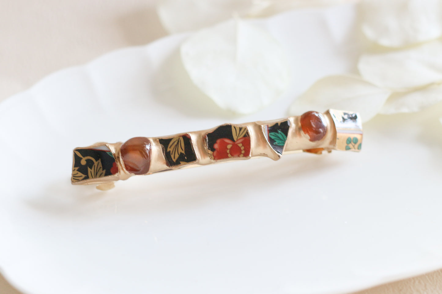 有田焼　金継ぎ バレッタ オレンジ　花柄  伝統工芸 ヘアクリップ　大きめ　a38
