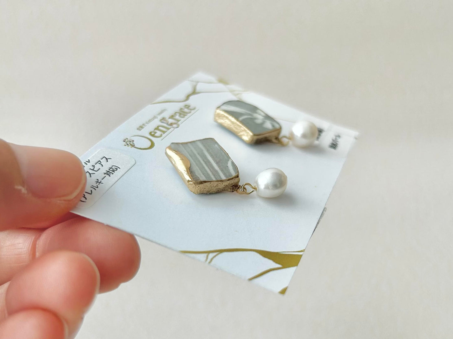 京焼　金継ぎ　サージカルステンレスピアス　グレー　淡水パール　天然石　 伝統工芸　＃201