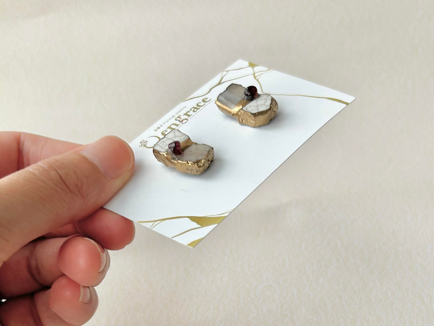 萩焼　金継ぎ　サージカルステンレスピアス　ガーネット　天然石　 伝統工芸　＃225