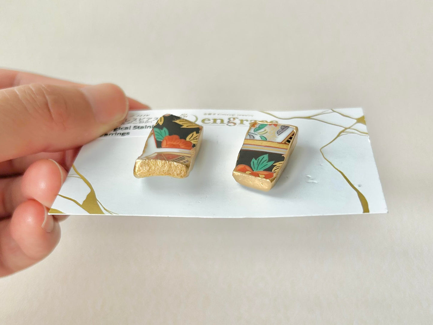 有田焼 　金継ぎ　サージカルステンレスピアス　花柄　リーフ柄　 和柄　伝統工芸　＃227