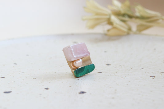 Natural Stone Kintsugi Lapel Pin / Malachite Rose Quartz Tuck Pin Traditional Craft Spring Pink Mother's Day